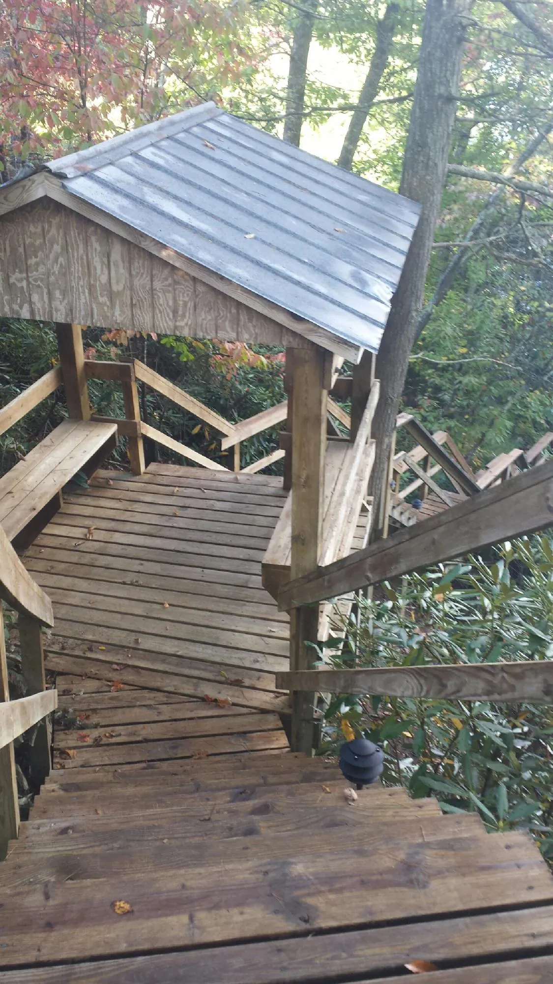 Metal roofed shelter over wooden steps on a wooded walkway — Skylight Repair & Installation work by our crew in Modale